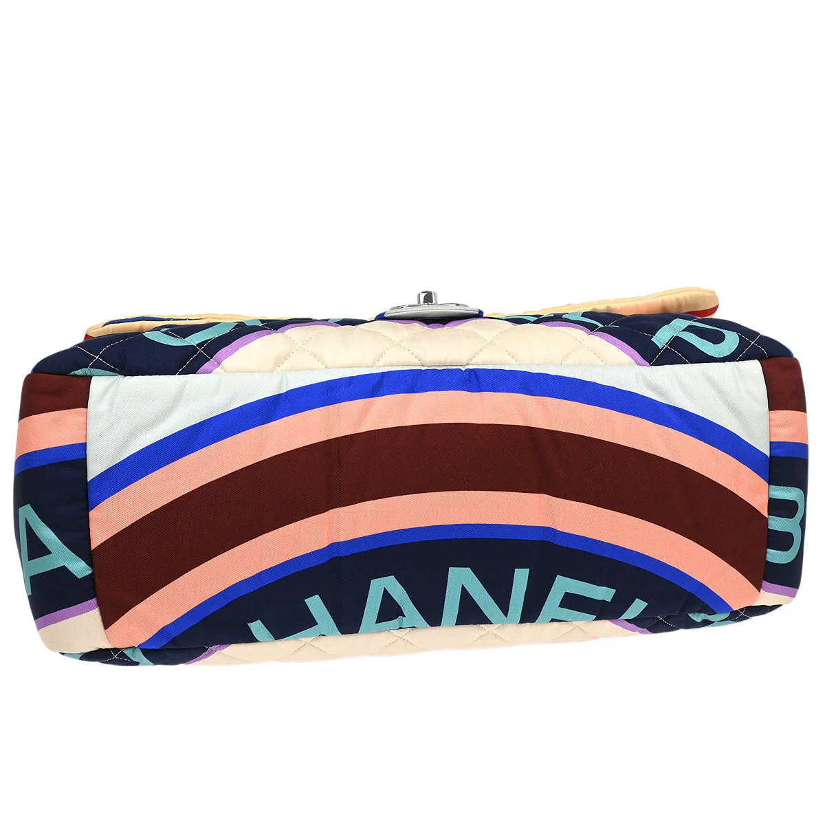 Chanel 2018 Light Blue Navy Satin XXL Quilted Printed Shoulder Bag - Image 3