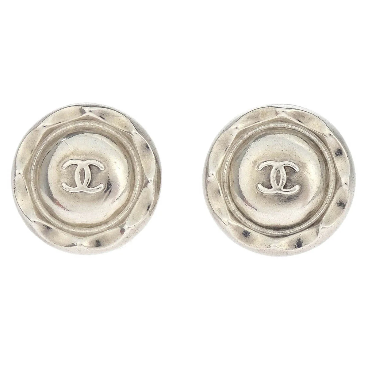 Chanel Button Earrings Clip-On Silver 96P