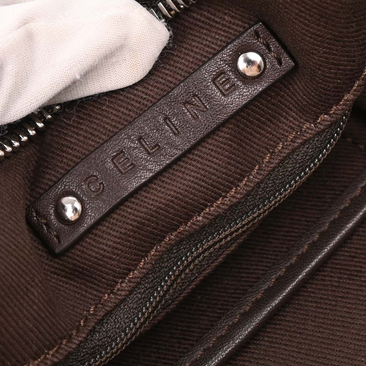 Celine Brown Canvas Embossed Leather Macadam Tote Handbag - Image 9