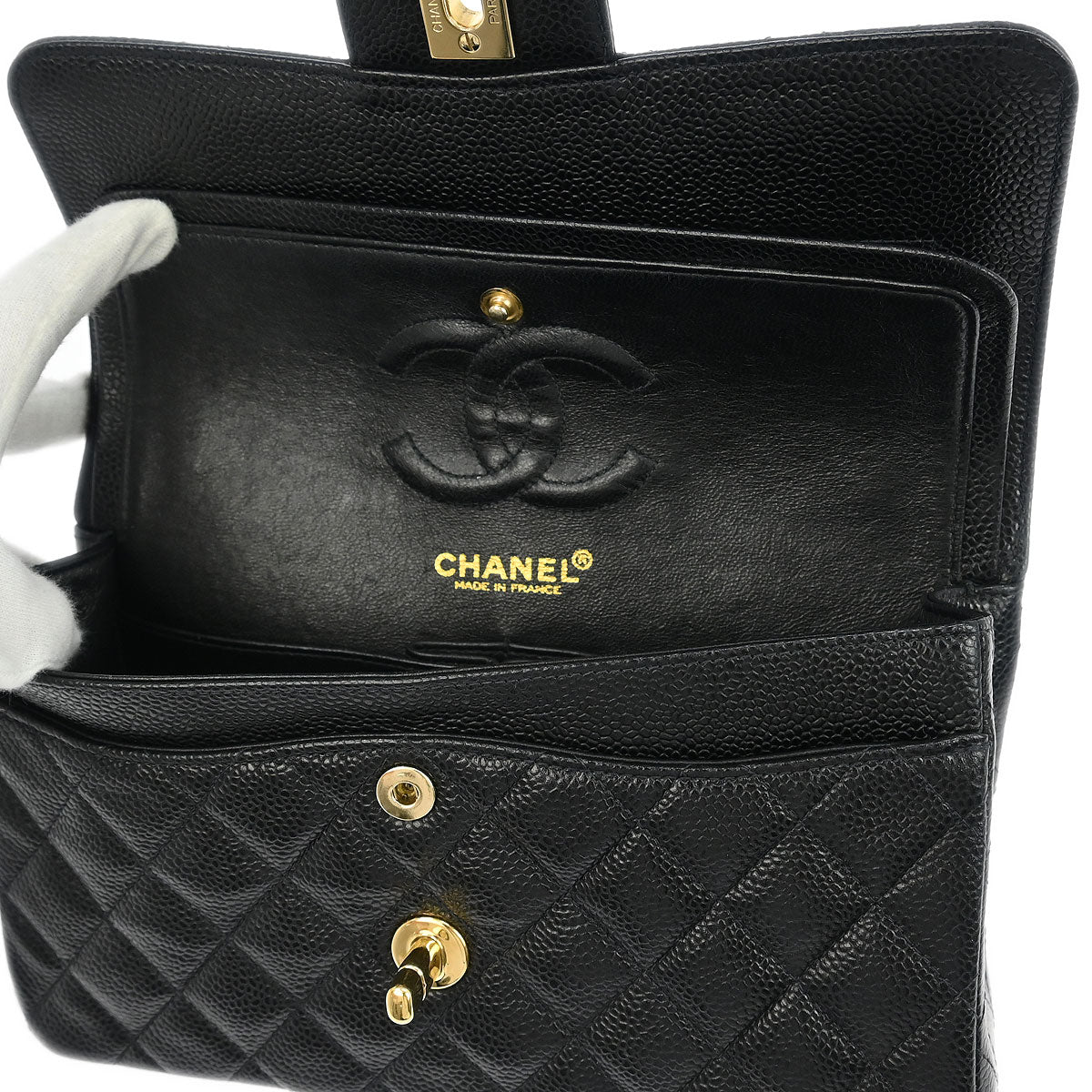 Chanel 2002-2003 Black Caviar Small Classic Double Flap Shoulder Bag - Image 7
