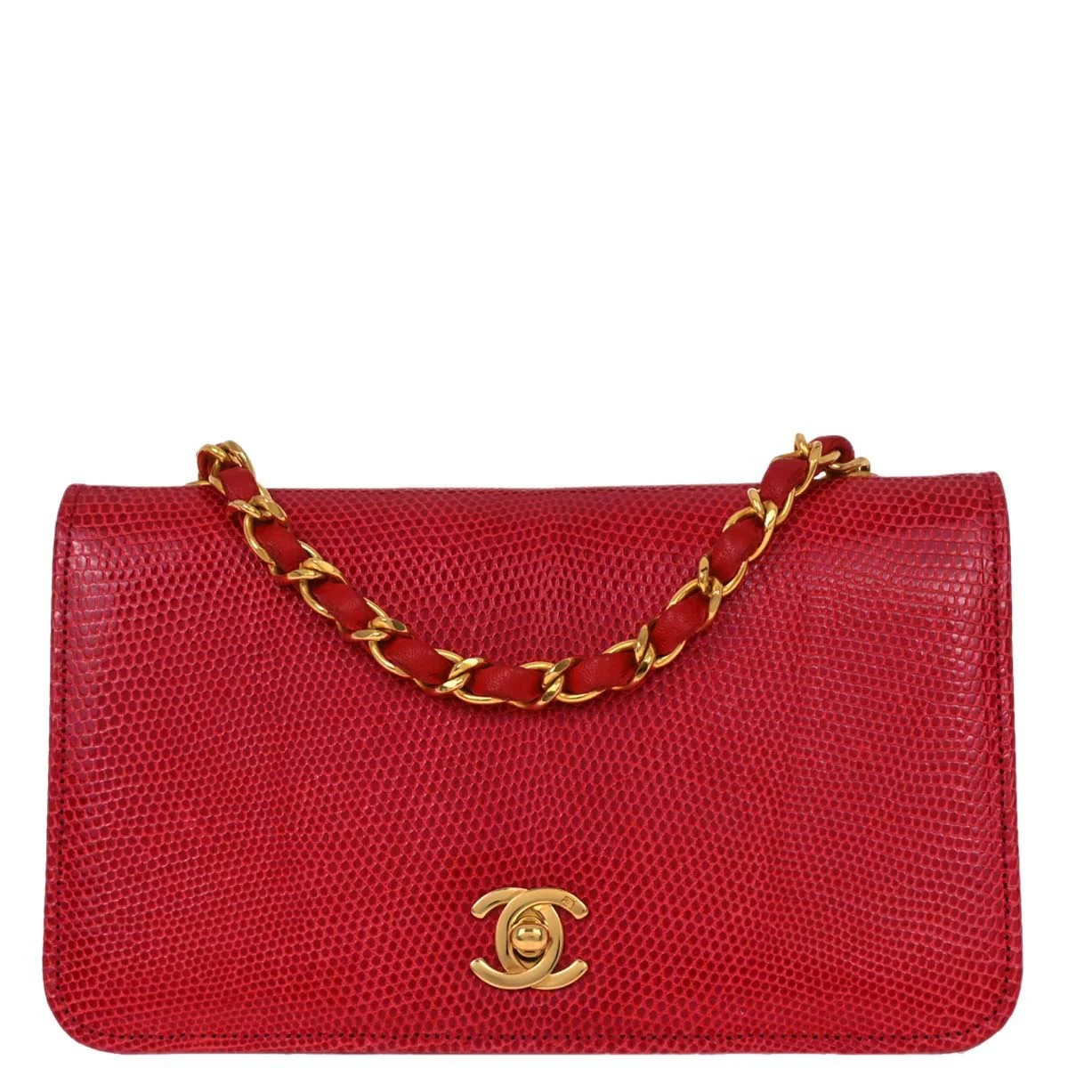 Chanel * 1989-1991 Red Lizard Turnlock Mini Full Flap Shoulder Bag