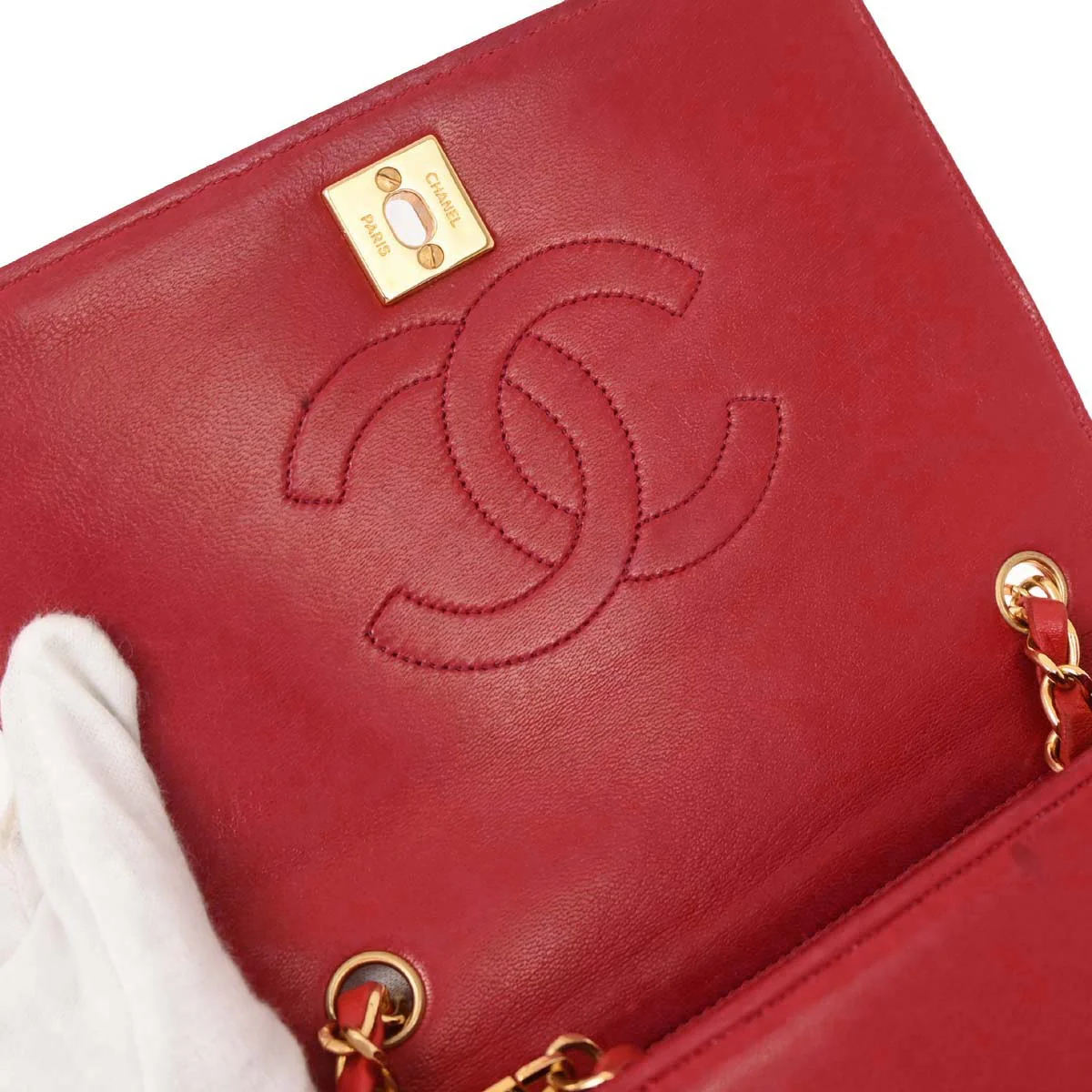 Chanel * 1989-1991 Red Lizard Turnlock Mini Full Flap Shoulder Bag - Image 11