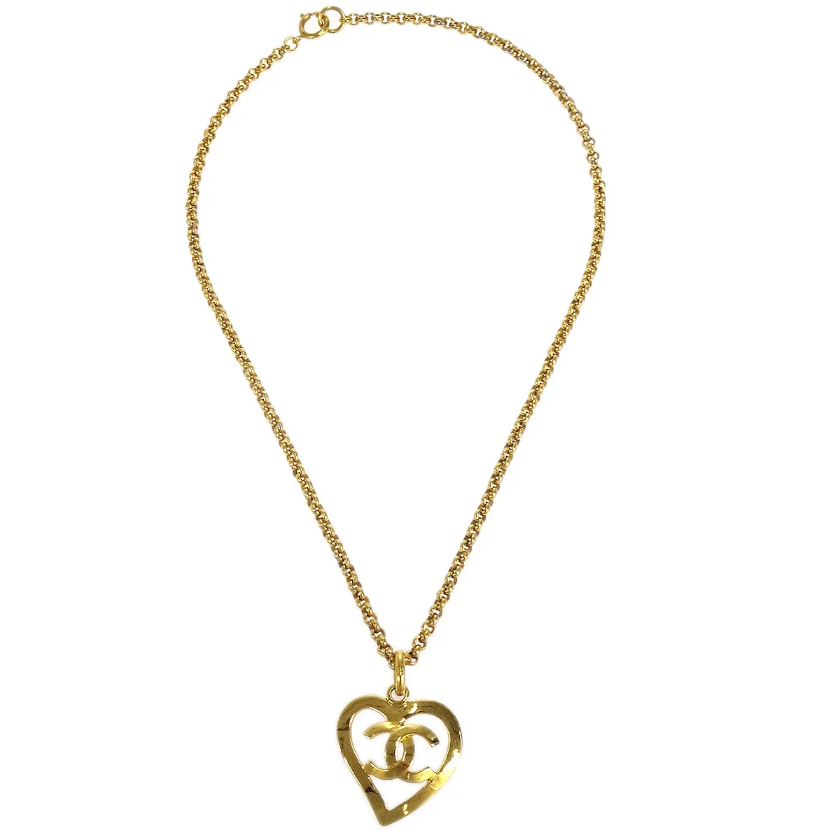 Chanel 1995 Gold CC Heart Cutout Pendant Necklace