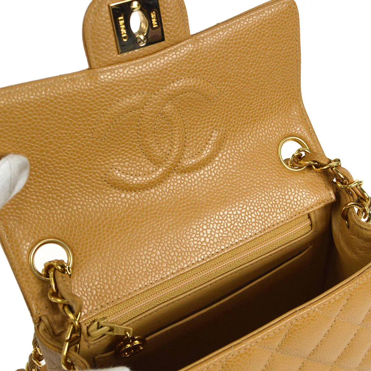 CHANEL * 2003-2004 Classic Square Flap Mini 17 Beige Caviar - Image 6