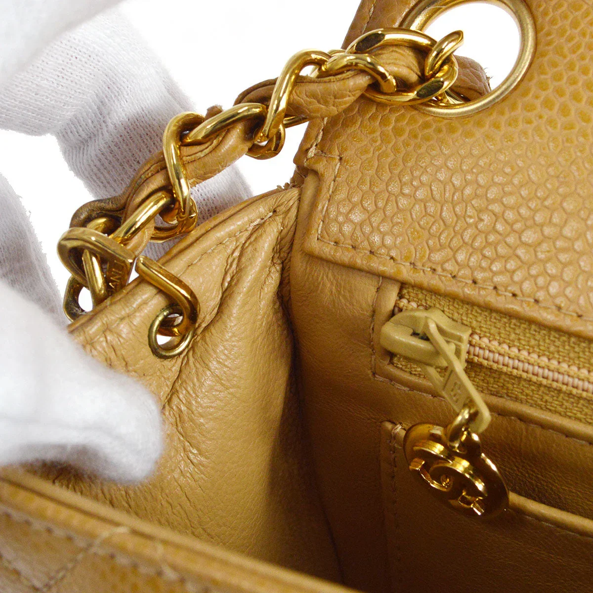 CHANEL * 2003-2004 Classic Square Flap Mini 17 Beige Caviar - Image 8