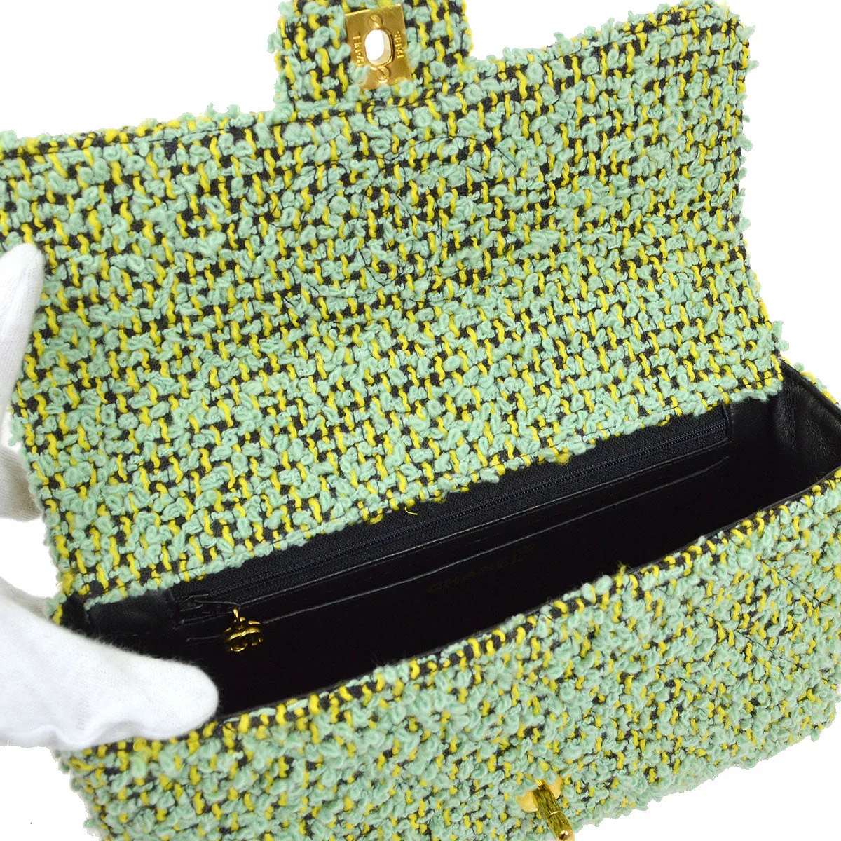 CHANEL * 1994 Classic Flap Handbag Medium Green Tweed - Image 5
