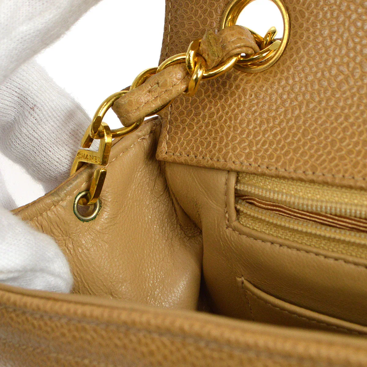 Chanel * 1994-1996 Horizontal Stitch Classic Square Flap Mini 17 Beige Caviar - Image 10