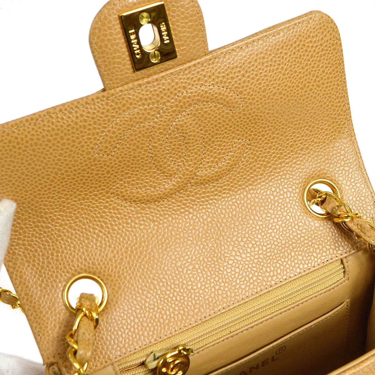 Chanel * 1994-1996 Horizontal Stitch Classic Square Flap Mini 17 Beige Caviar - Image 7