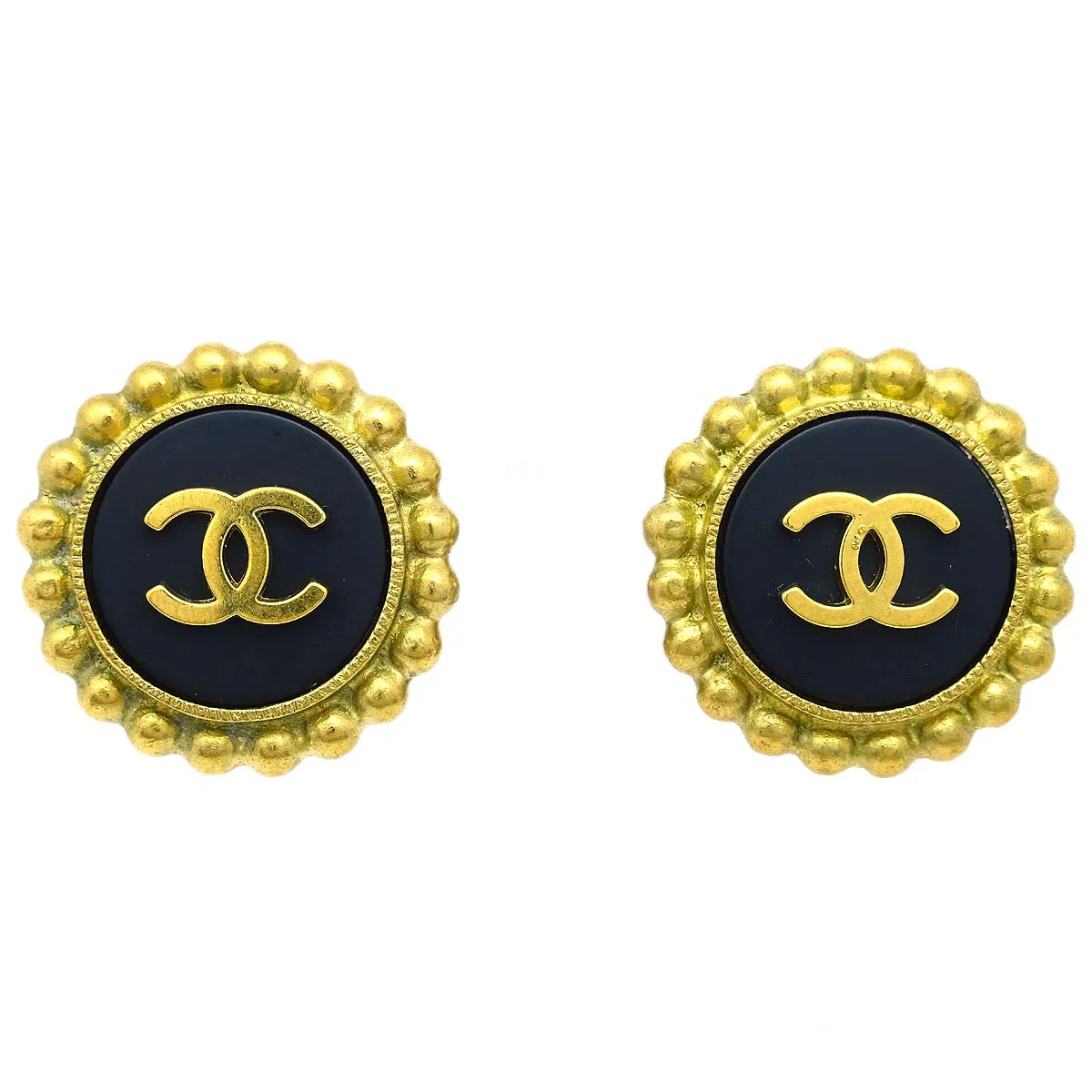 Chanel Button Earrings Clip-On Black 95P