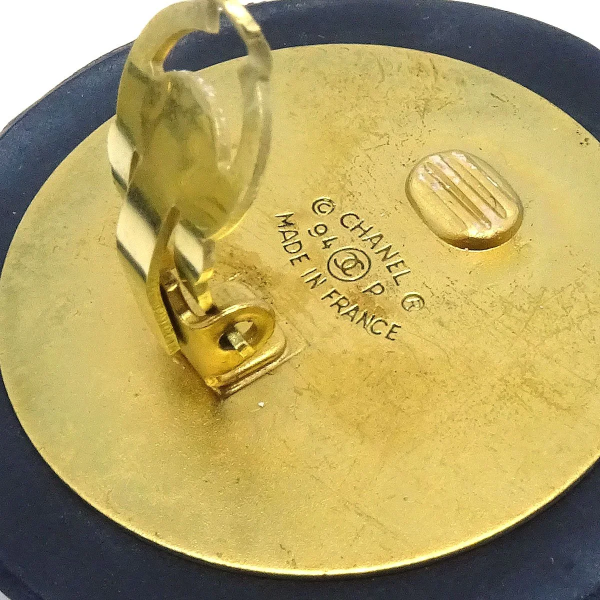 Chanel Button Earrings Gold Black Clip-On 94P - Image 4