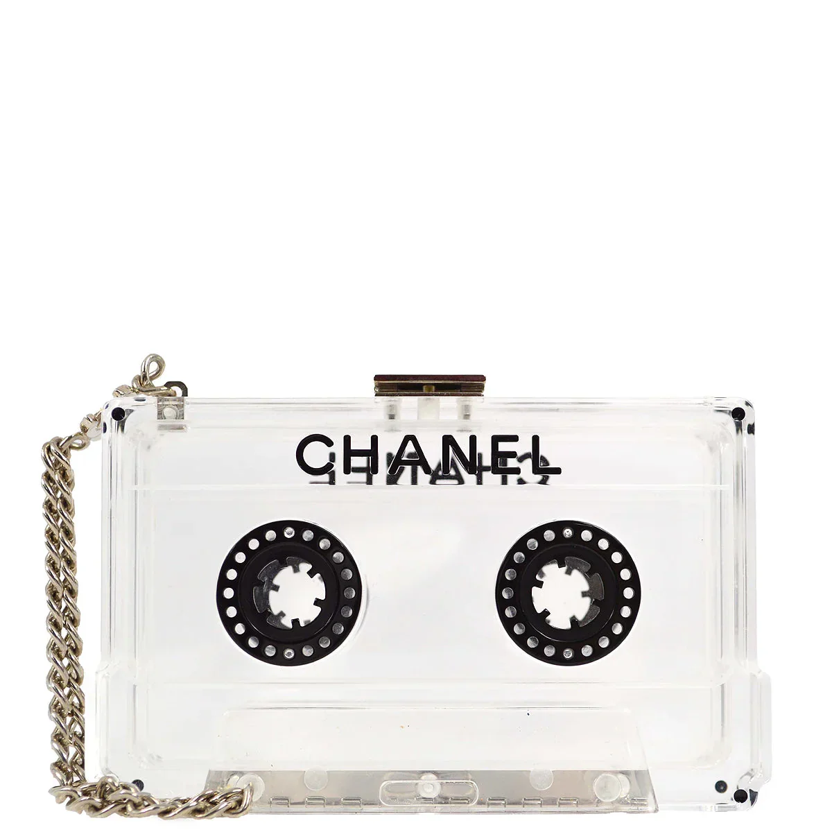 Chanel 2004 Clear Lucite Cassette Tape Minaudière Clutch Silver Hardware