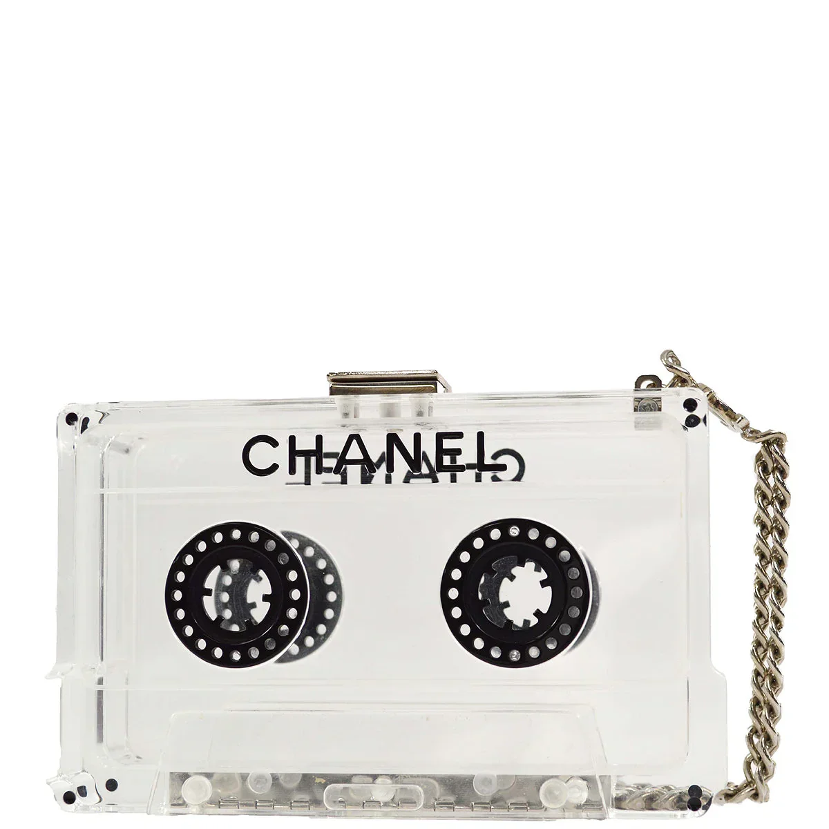 Chanel 2004 Clear Lucite Cassette Tape Minaudière Clutch Silver Hardware - Image 2