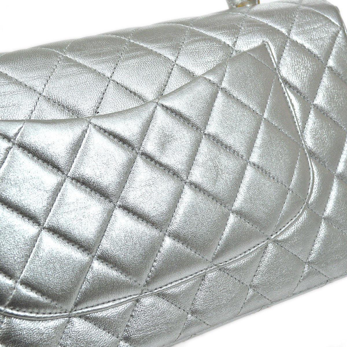 CHANEL 1994 Silver Lambskin Quilted Top Handle Bag - Image 4