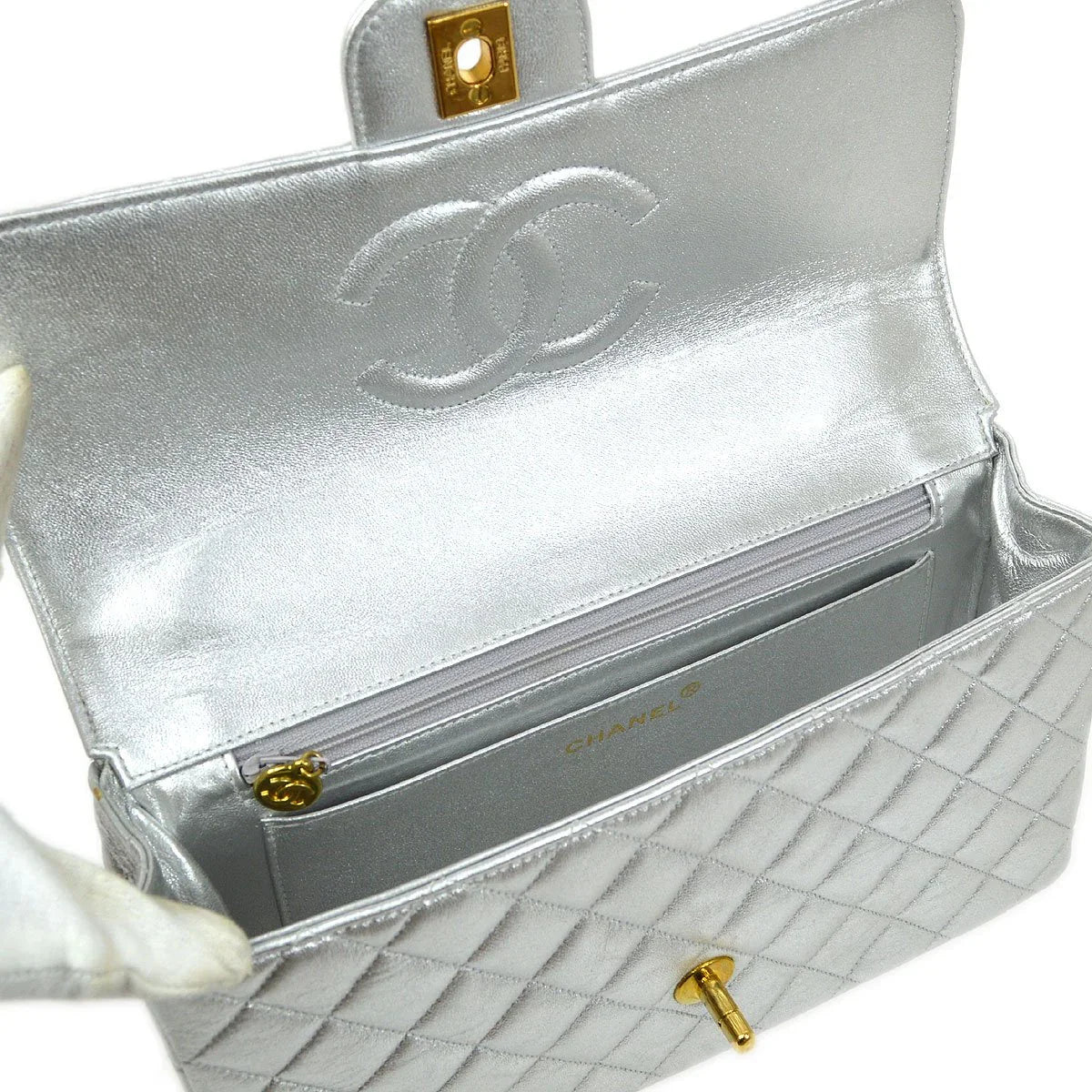 CHANEL 1994 Silver Lambskin Quilted Top Handle Bag - Image 8