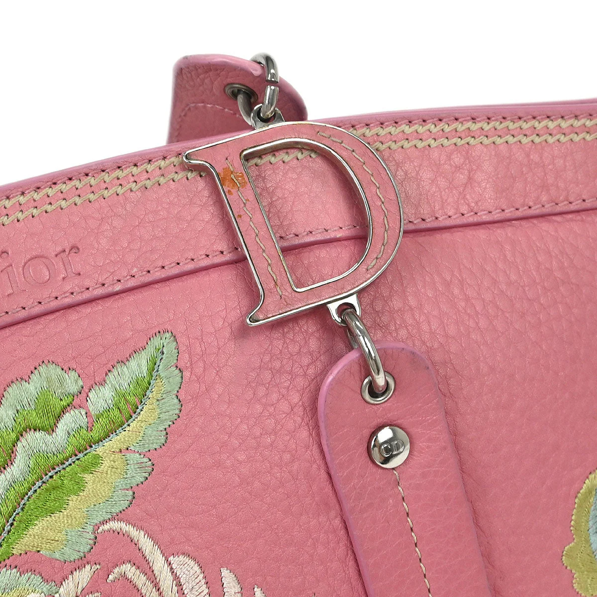 Christian Dior Pink Leather Embroidered Flower Tote Handbag - Image 4