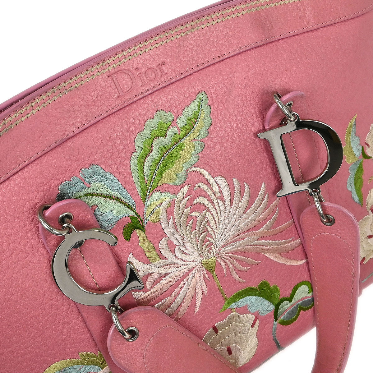 Christian Dior Pink Leather Embroidered Flower Tote Handbag - Image 7