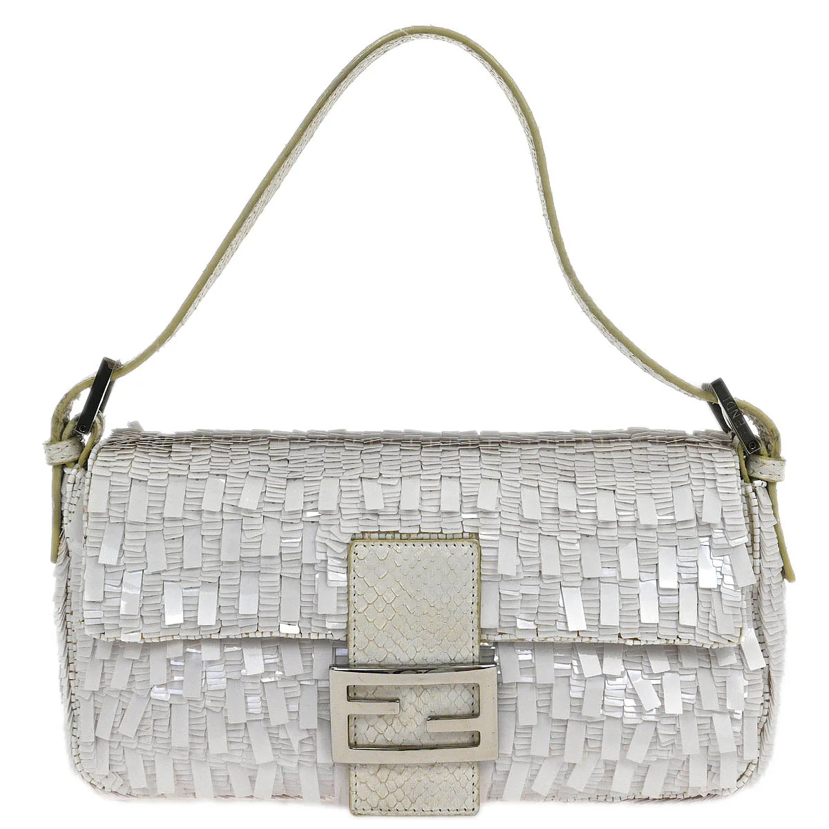 Fendi * White Sequins Python Baguette Handbag