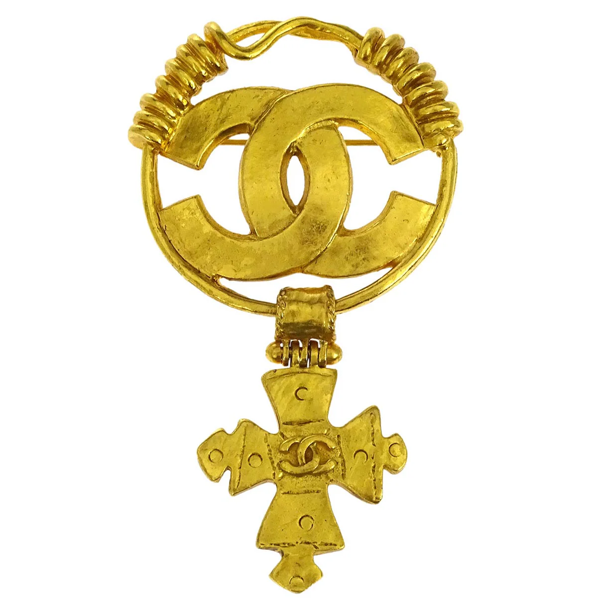 Chanel Medallion Dangle Cross Brooch Pin Gold 94P