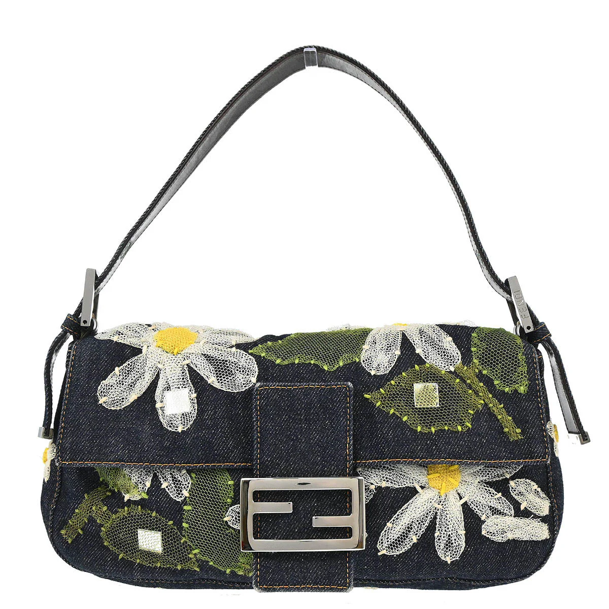 Fendi Navy Denim Floral Baguette Handbag