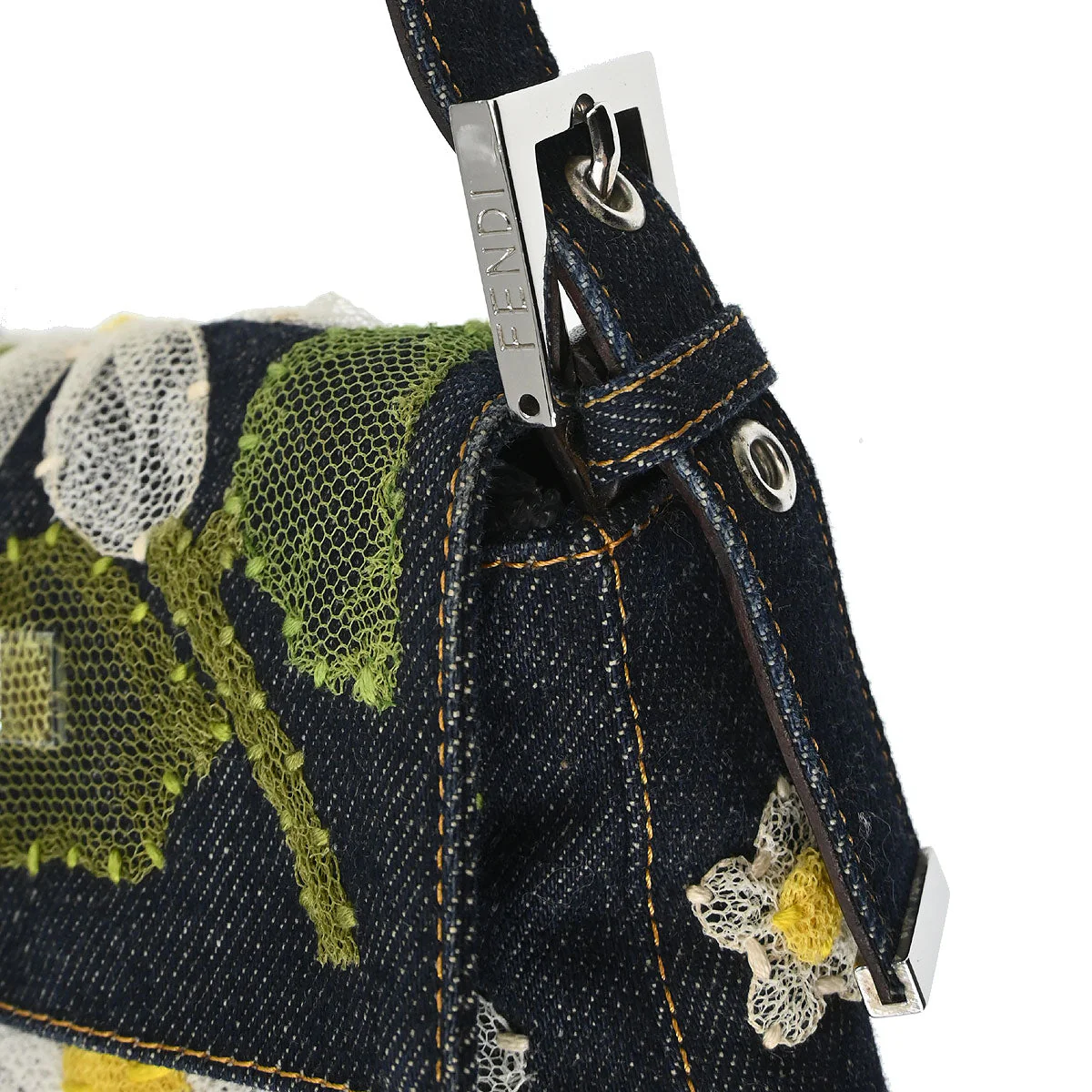 Fendi Navy Denim Floral Baguette Handbag - Image 5