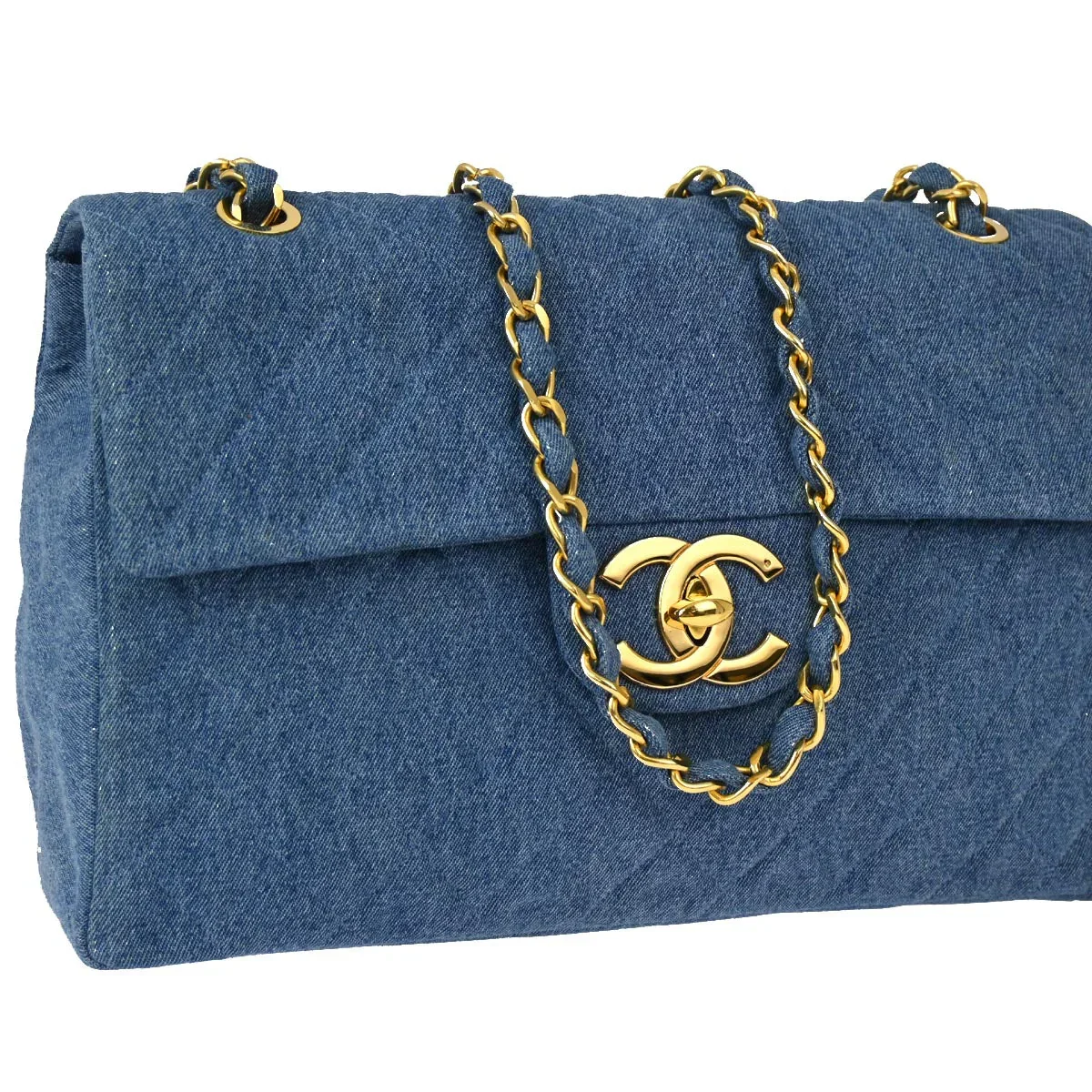 Chanel * 1989-1991 Blue Denim Maxi Classic Flap Shoulder Bag - Image 3