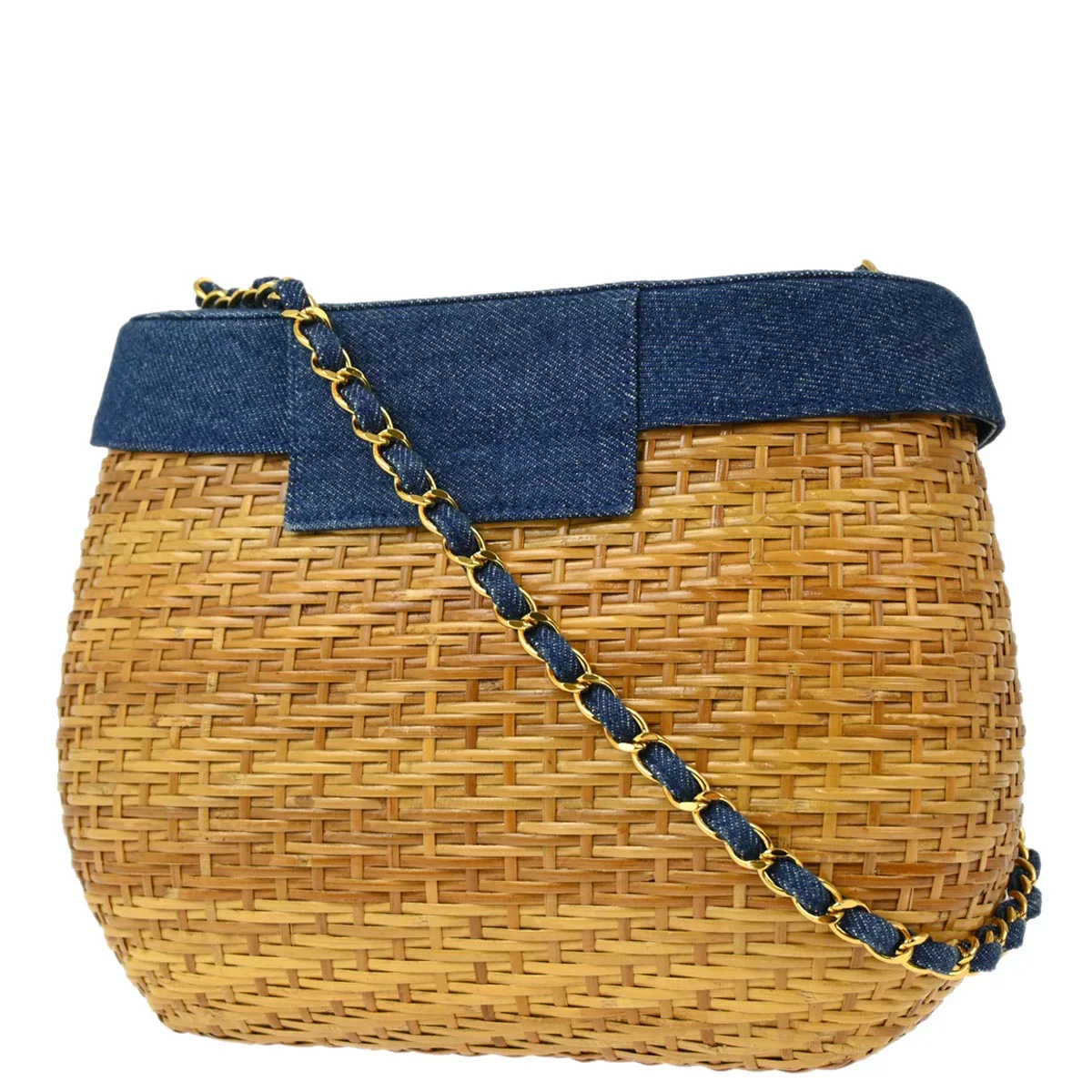 Chanel * 1997-1999 Blue Denim Rattan Basket Chain Shoulder Bag - Image 2