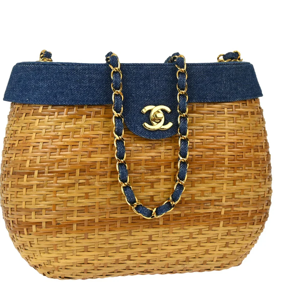 Chanel * 1997-1999 Blue Denim Rattan Basket Chain Shoulder Bag - Image 3