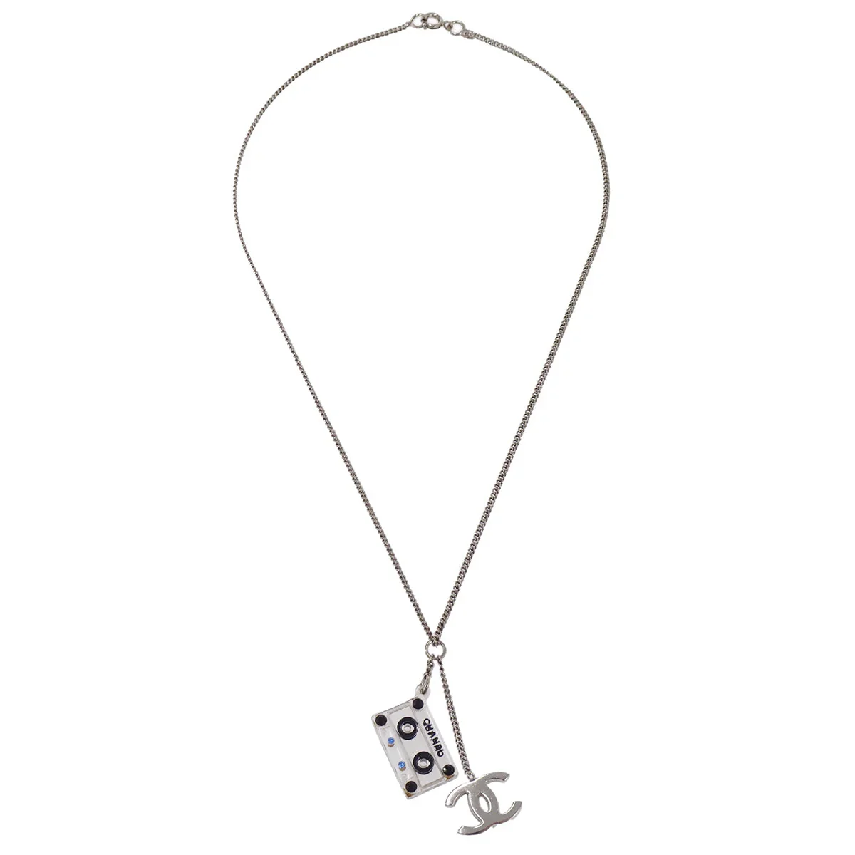 Chanel CC Cassette Tape Chain Pendant Necklace Rhinestone Silver 04P - Image 2