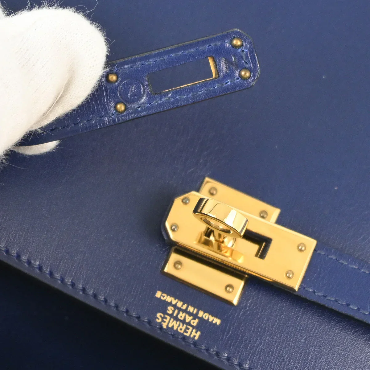 Hermes * 1996 Blue Box Calf Kelly 20 Sellier 2way Shoulder Handbag - Image 10