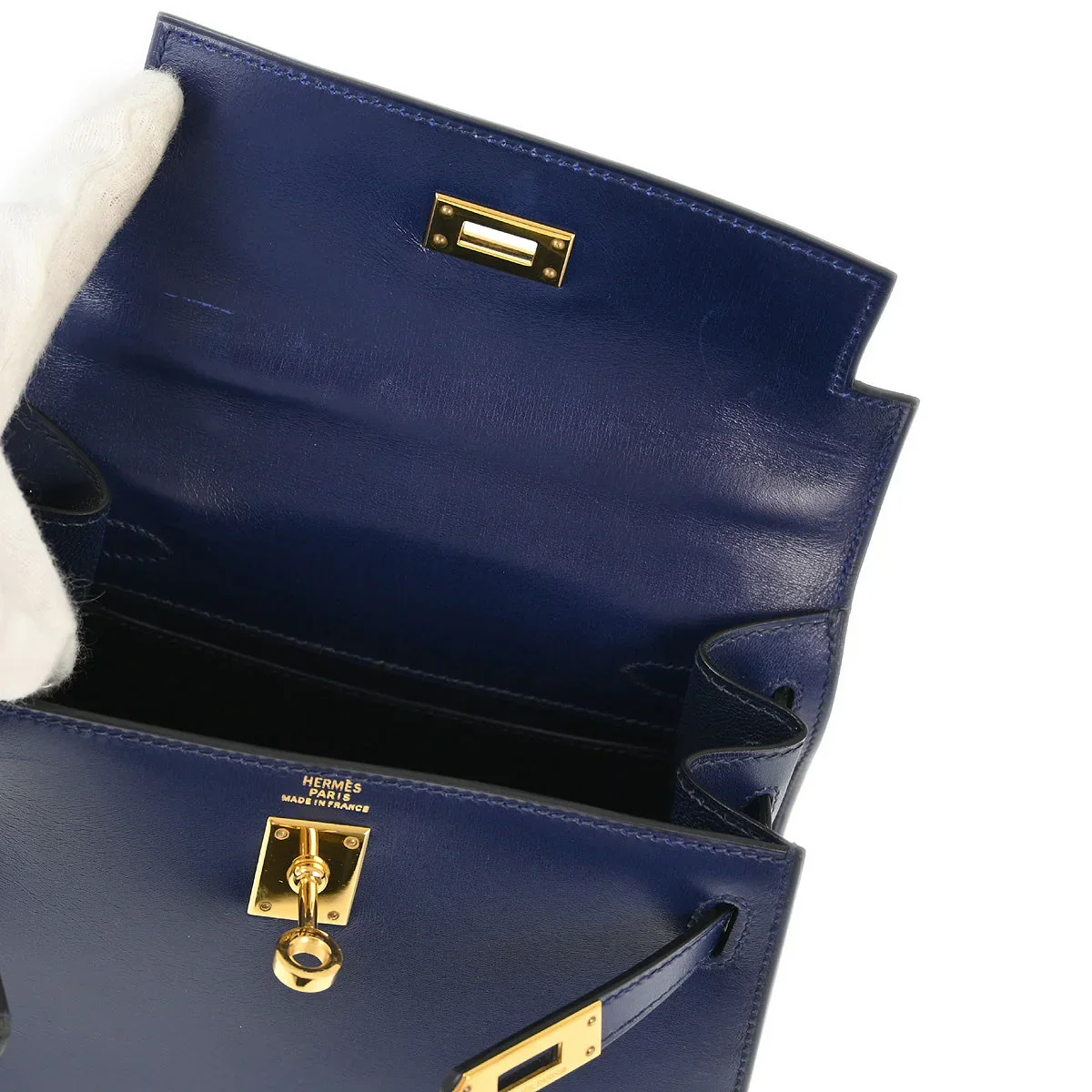 Hermes * 1996 Blue Box Calf Kelly 20 Sellier 2way Shoulder Handbag - Image 8