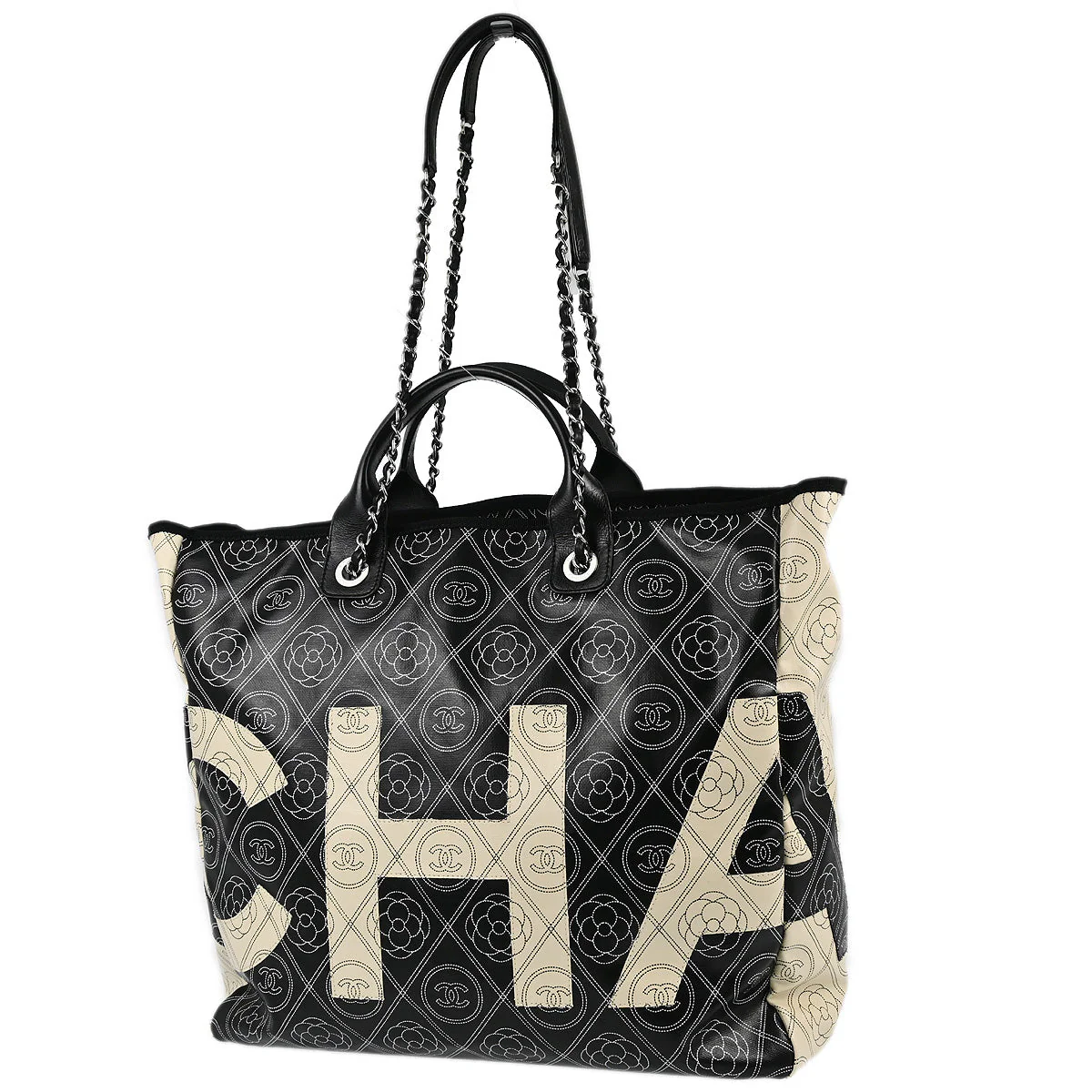 Chanel 2018 Black Printed Coated Canvas Camellia Shopping 2way Shoulder Tote Handbag - Image 2