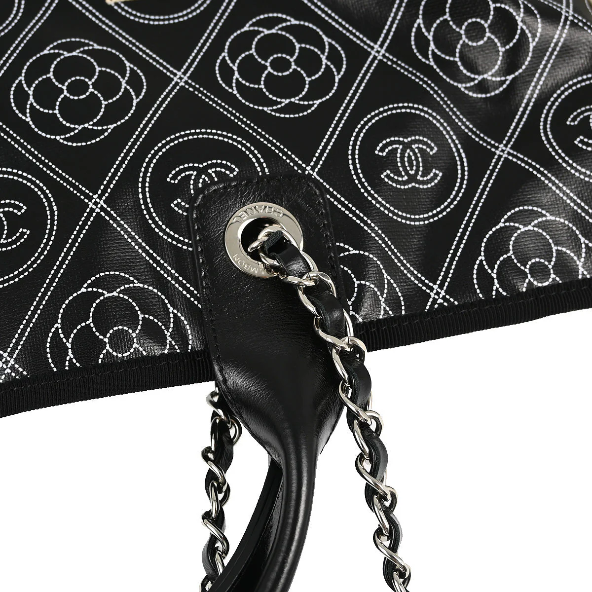 Chanel 2018 Black Printed Coated Canvas Camellia Shopping 2way Shoulder Tote Handbag - Image 5