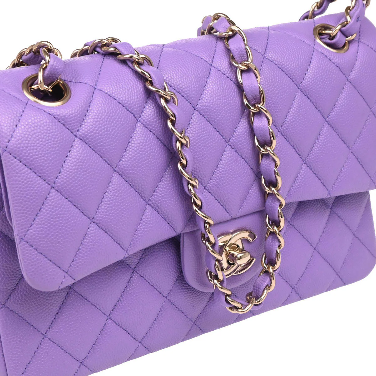Chanel 2019 Purple Caviar Small Classic Double Flap Shoulder Bag - Image 3