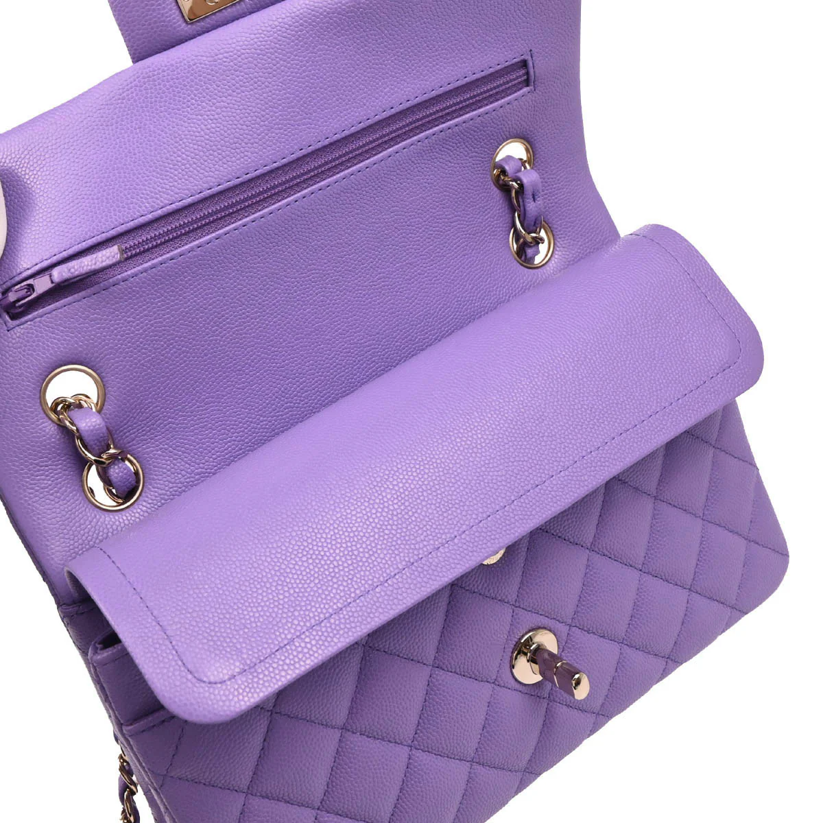 Chanel 2019 Purple Caviar Small Classic Double Flap Shoulder Bag - Image 8