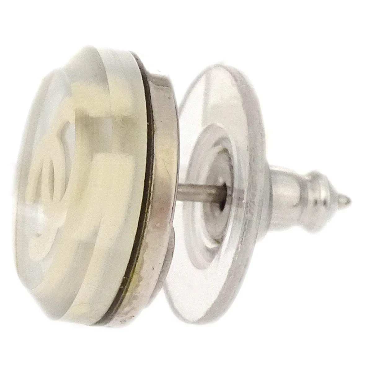 Chanel Button Piercing Earrings Clear Silver 03C - Image 2
