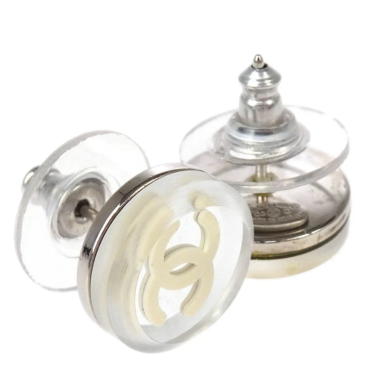 Chanel Button Piercing Earrings Clear Silver 03C - Image 3